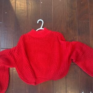Red Drop Shoulder Lantern Sleeve Round Neck